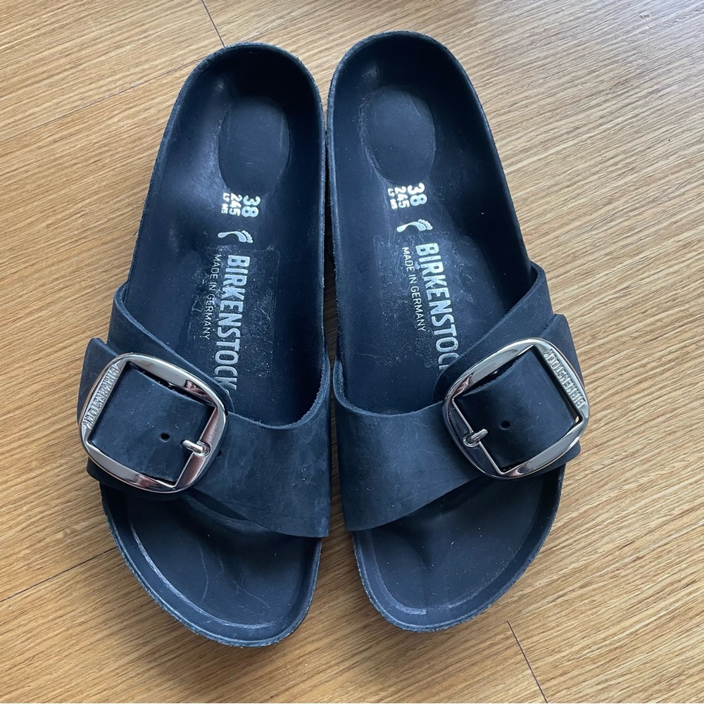 Birkenstock Madrid Big Buckle Oiled Leather Black Size 38 NEW